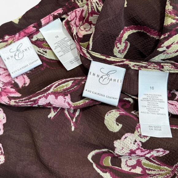 VTG Y2K Emma James Sheer Dark Brown Pink Floral Ruffled Bell Sleeve Wrap Top Set - Picture 8 of 8